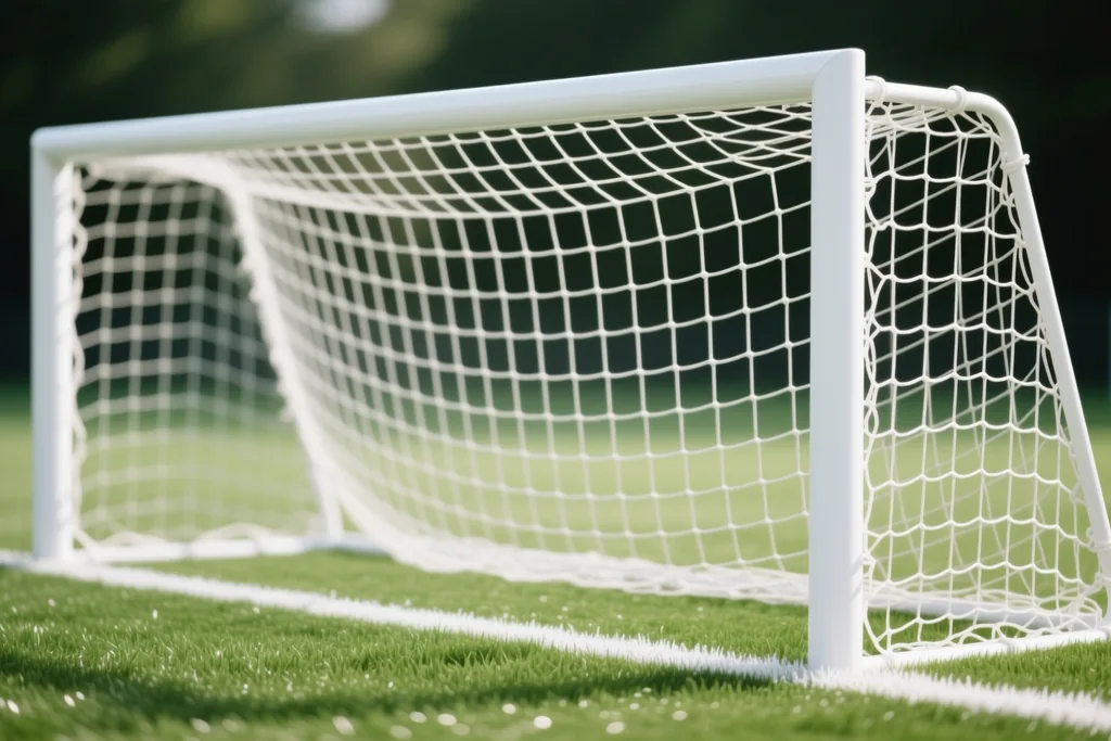 Projetores de estádio acesos sobre um relvado verde vazio durante a noite