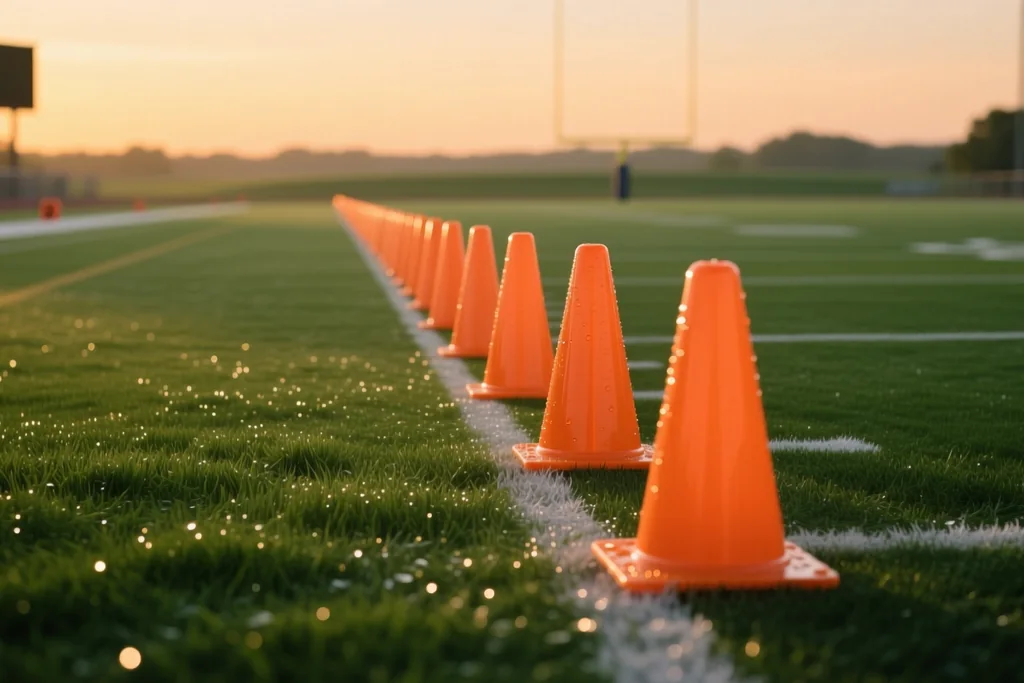 Linha de cones de treino alaranjados sobre um relvado verde com luz suave de fim de tarde
