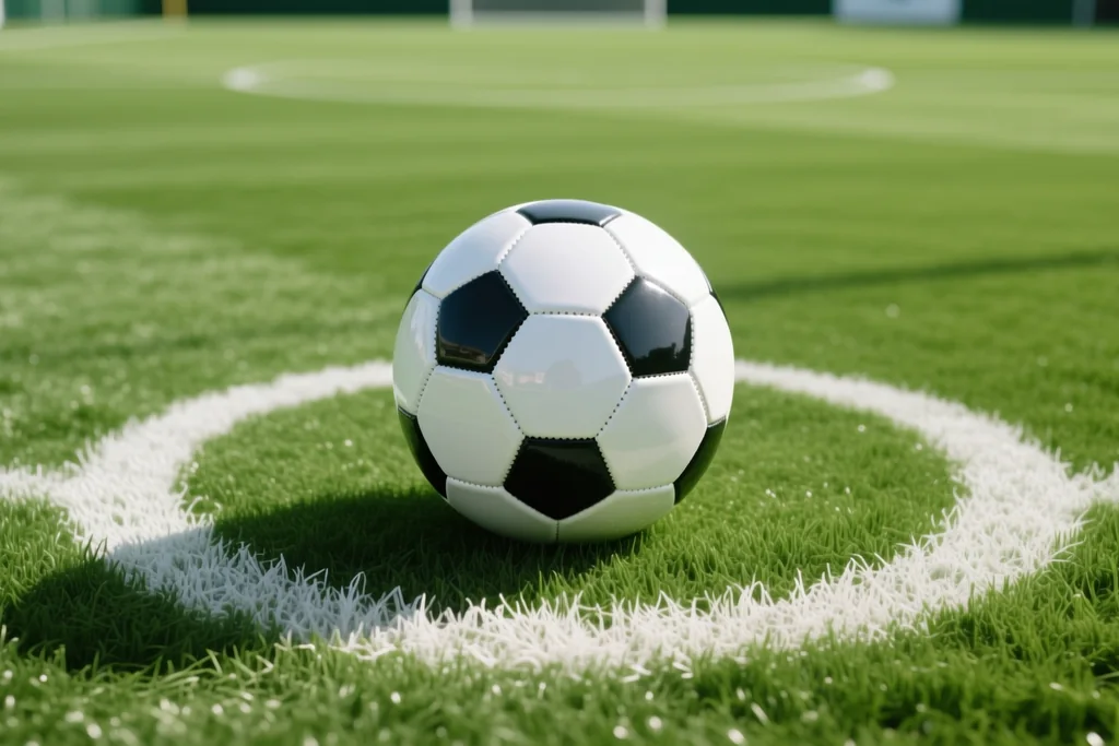 Bola de futebol parada sobre a marca do meio-campo de um relvado cortado