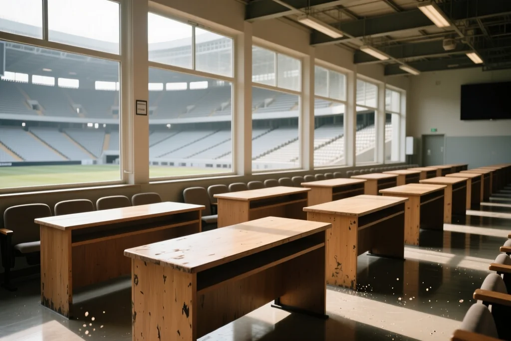 Bancada de imprensa de um estádio vazio com secretárias de madeira simples