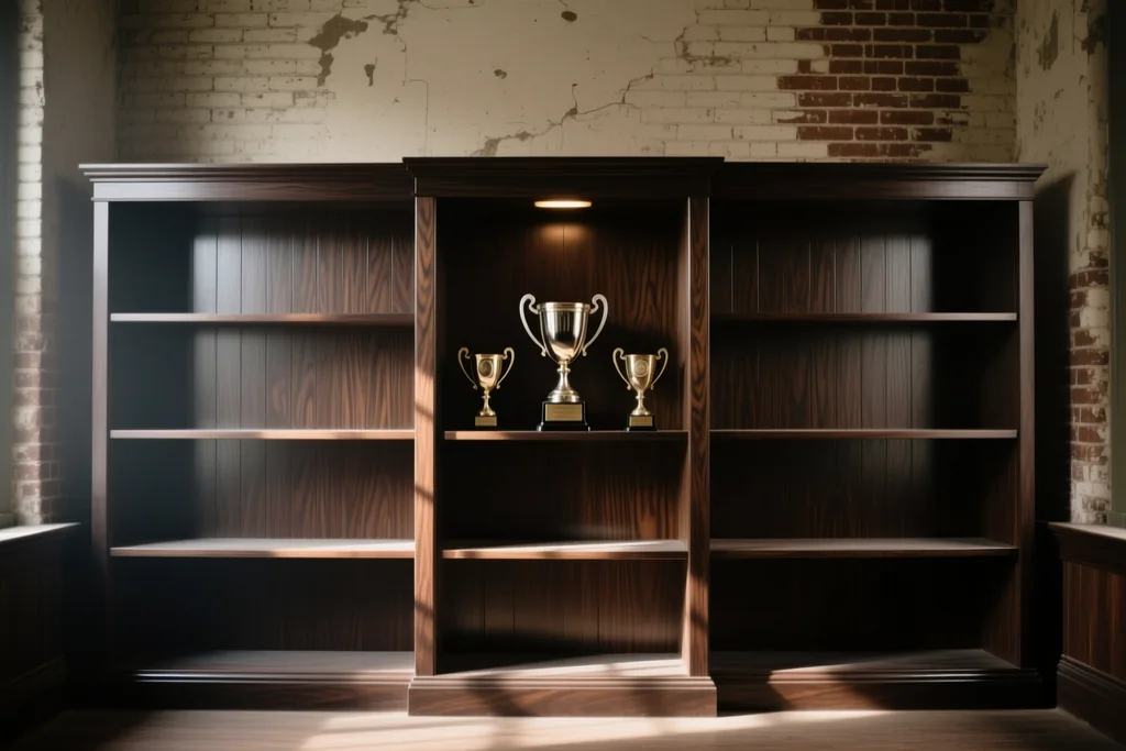 Vitrine de troféus vazia com prateleiras de madeira escura numa sala de clube