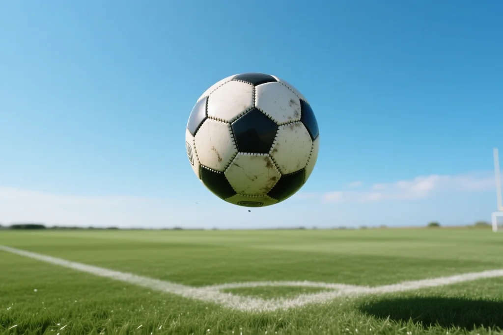 Bola de futebol no ar sobre um relvado verde vazio contra o céu limpo