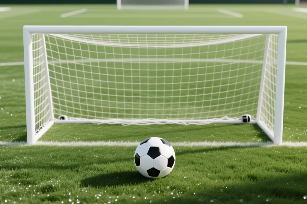 Baliza de estádio vazio com tinta branca gasta nos postes