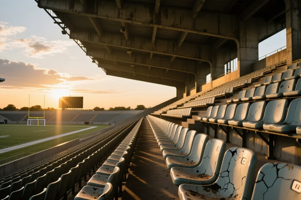Bancada vazia de estádio vista através da abertura do teto ao crepúsculo