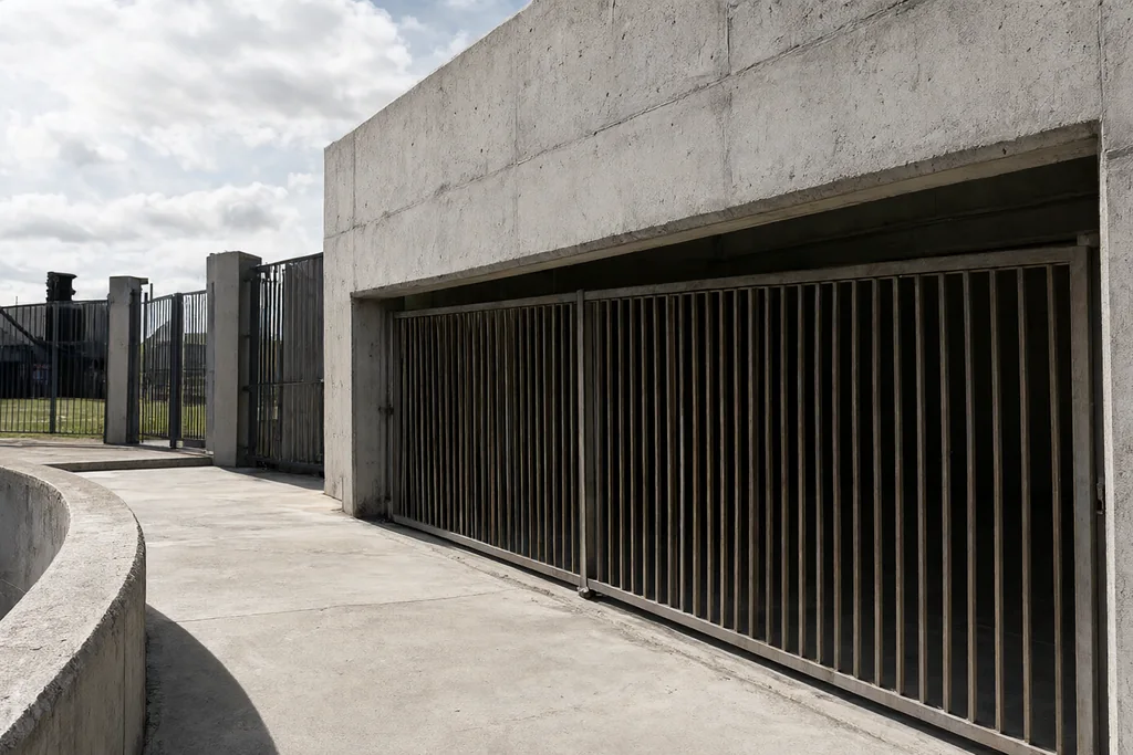 Zona exterior de um estádio de futebol com portões fechados e estrutura de betão