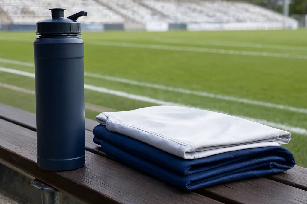 Garrafa de água simples e três coletes de treino dobrados num banco à beira do relvado