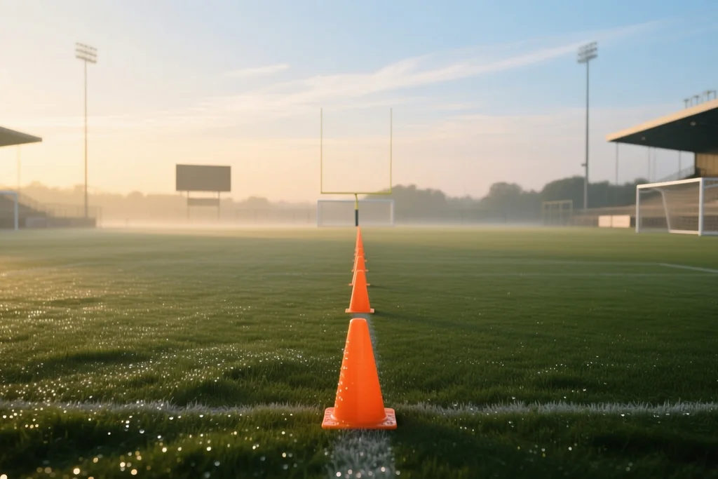 Relvado de treino de clube com uma fila de cones laranja pequenos, luz da manhã