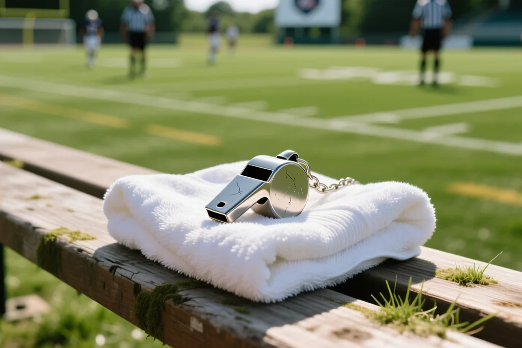 Apito de árbitro sobre uma toalha branca dobrada numa banco à beira do relvado