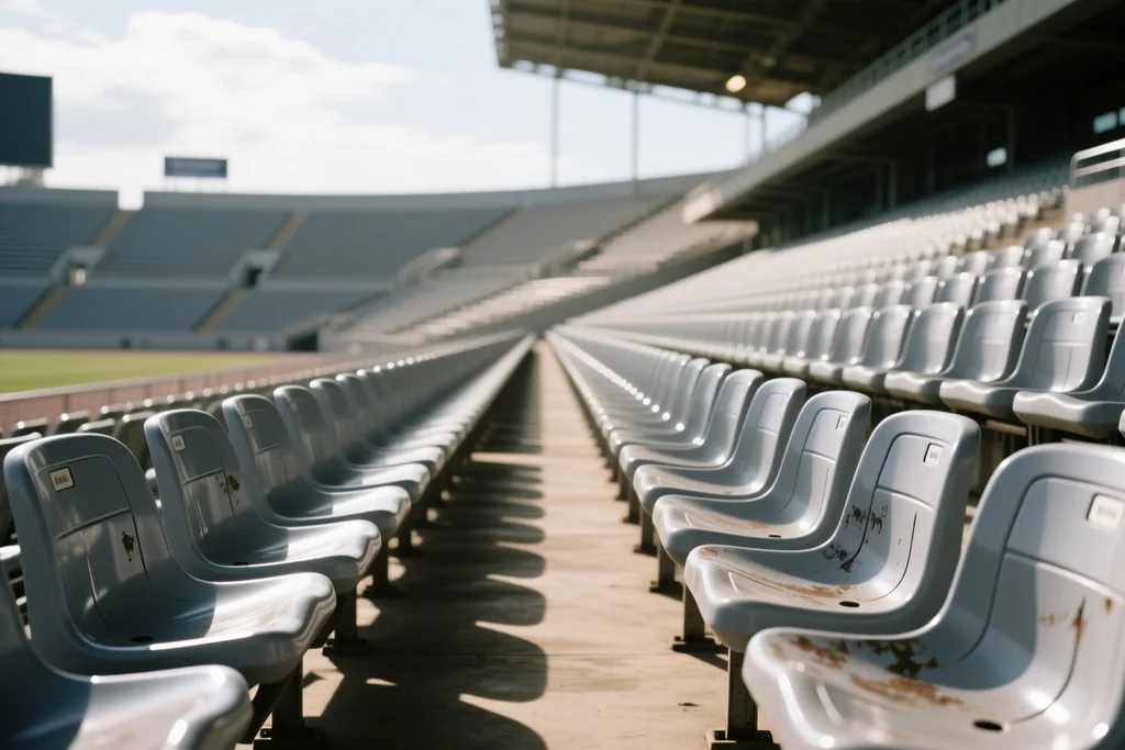 Filas de cadeiras cinzentas vazias numa bancada de estádio, à luz do dia