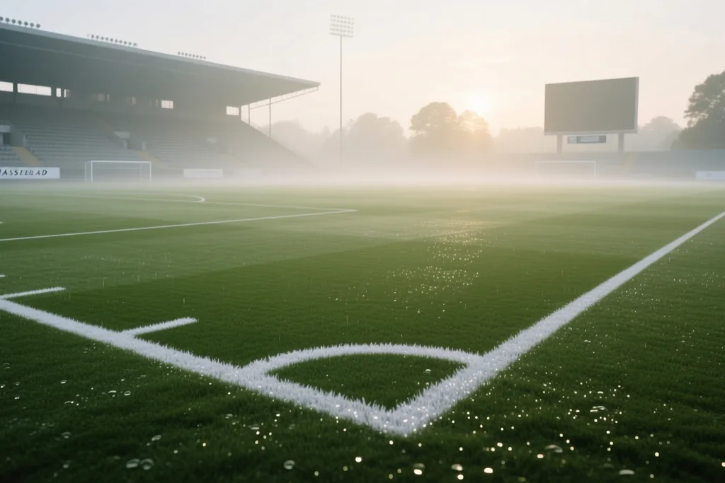 Relvado de estádio com marcações brancas novas sob uma névoa leve ao amanhecer