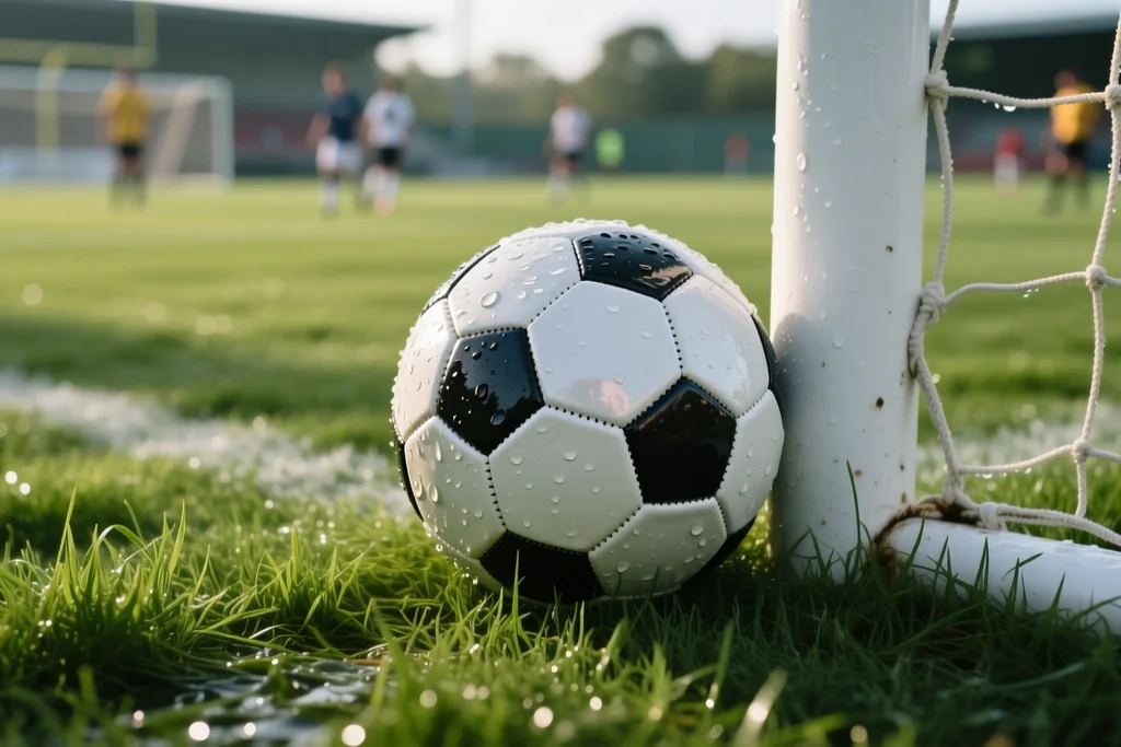 Bola de futebol encostada à base de um poste sobre relva verde molhada