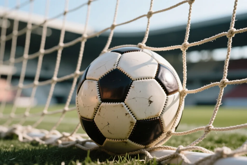 Rede de baliza em primeiro plano com uma bola de futebol dentro da rede
