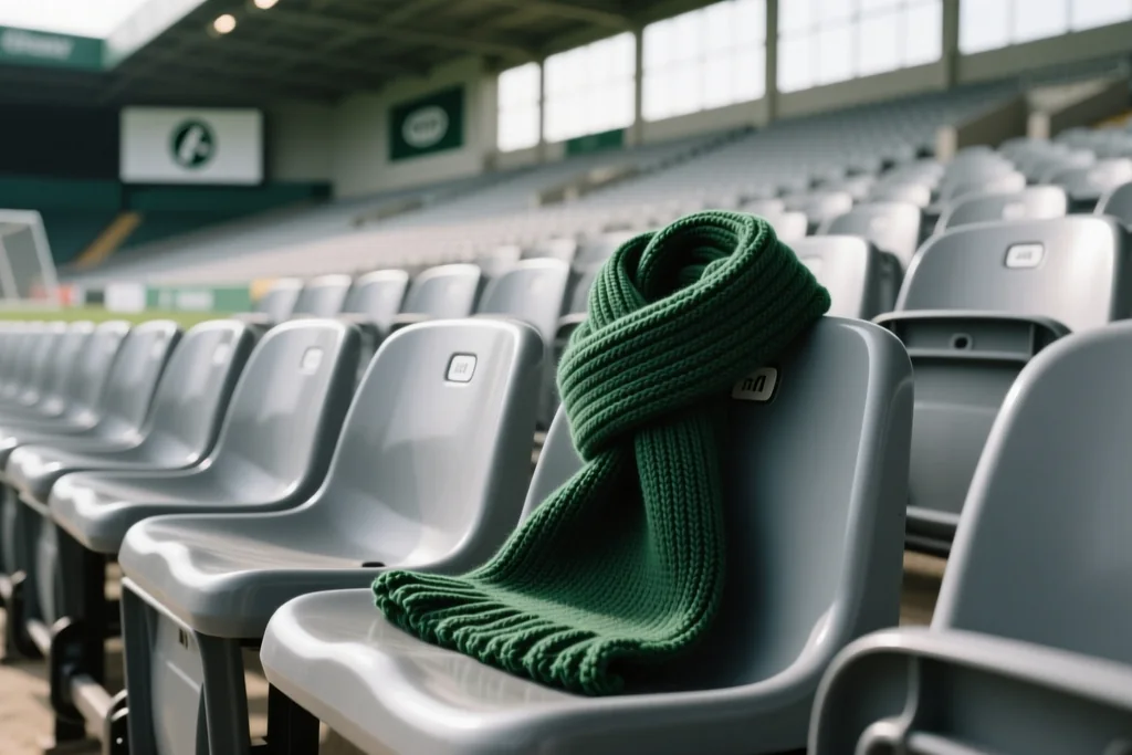 Cachecol de futebol verde-escuro dobrado sobre um lugar vazio de estádio