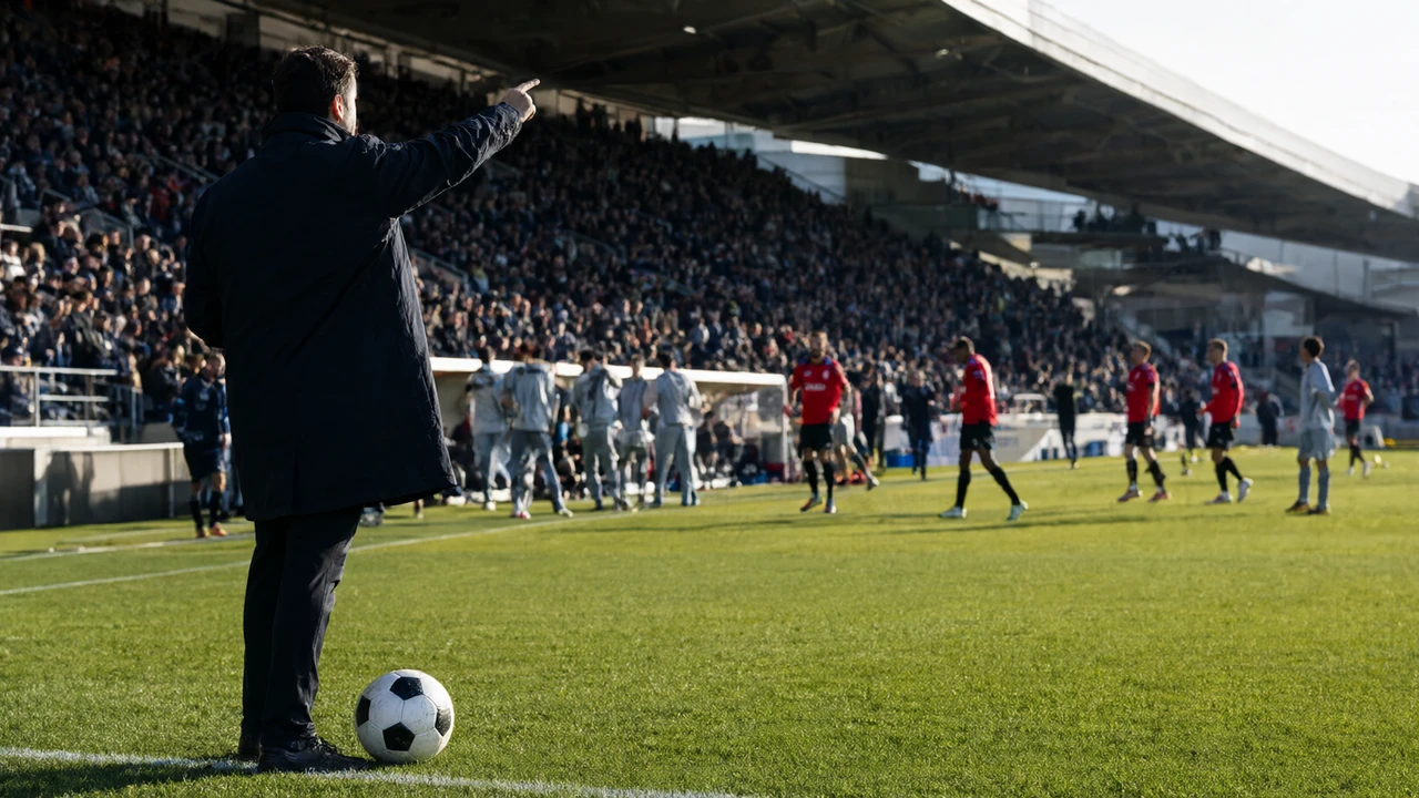Treinador de pé na zona técnica a dar indicações, com jogadores de vermelho no relvado e bancadas cheias