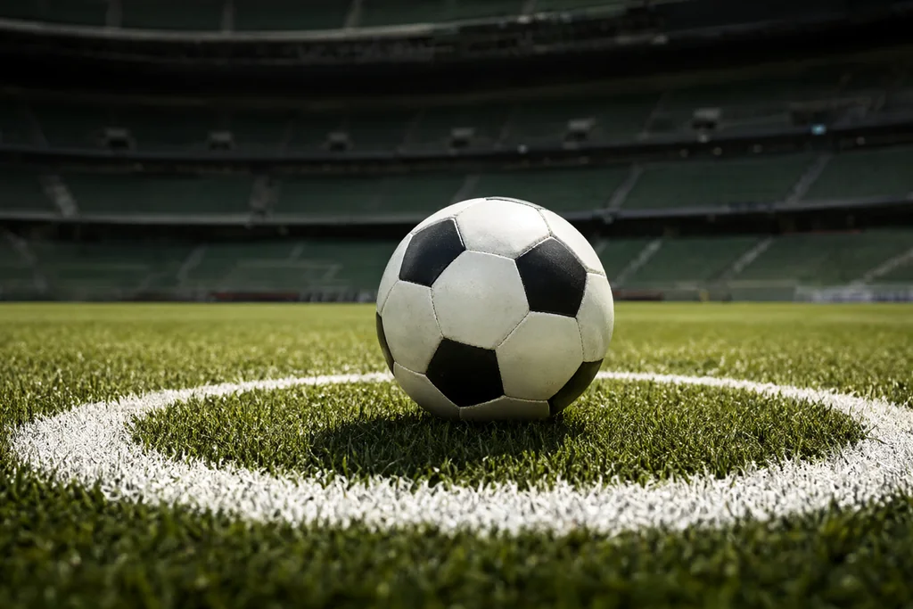 Bola de futebol na marca de penálti de um relvado de estádio vazio, em ângulo baixo
