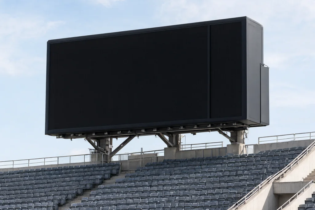 Painel de marcador digital apagado montado sobre uma bancada vazia de estádio