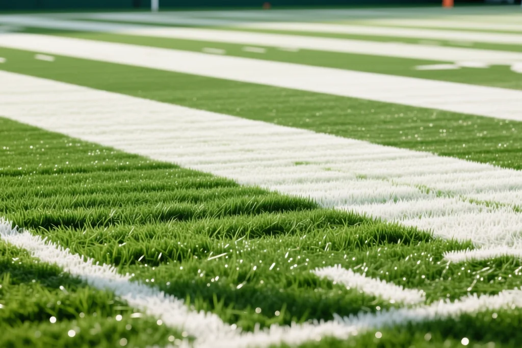 Relva cortada em faixas verdes e brancas num relvado de futebol