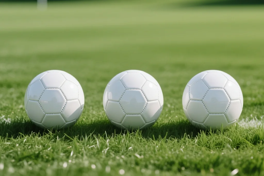 Três bolas de futebol brancas alinhadas sobre relva verde cortada