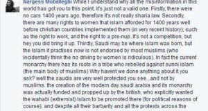Resposta de uma muçulmana a pergunta: ”Por que você está dirigindo?” ”A shariah não te proíbe?”